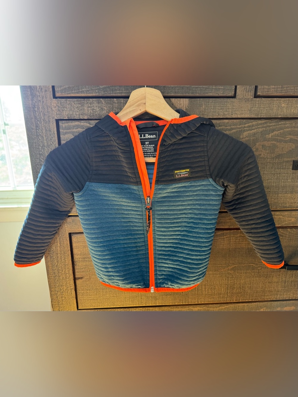 L.L. Bean Kids' Blue and Black Quilted Hoodie with Orange Trim